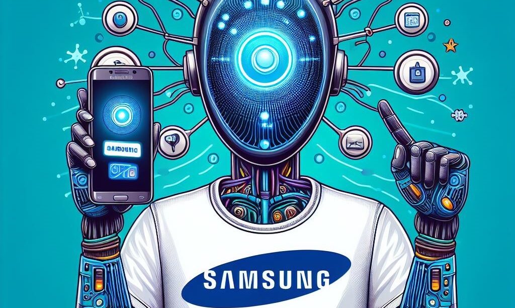 IA personificada con un movil en la mano y una camiseta de samsung