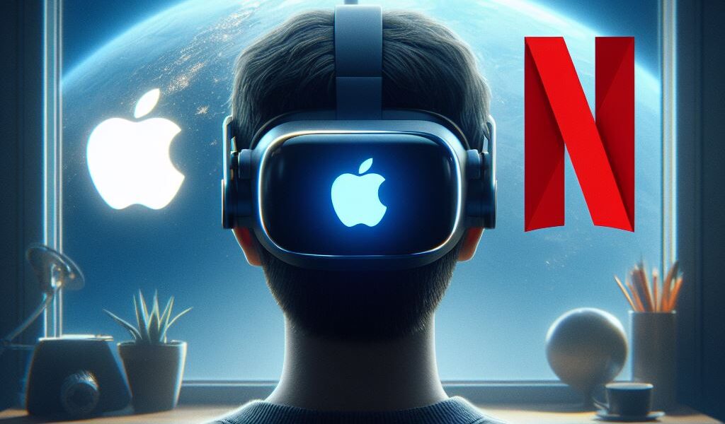Logos de Apple y Netflix al lado de una persona que usa gafas de realidad virtual de Apple