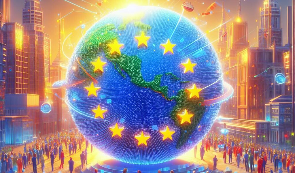 Estrellas Unión Europea en imagen de la tierra y gente alrededor.