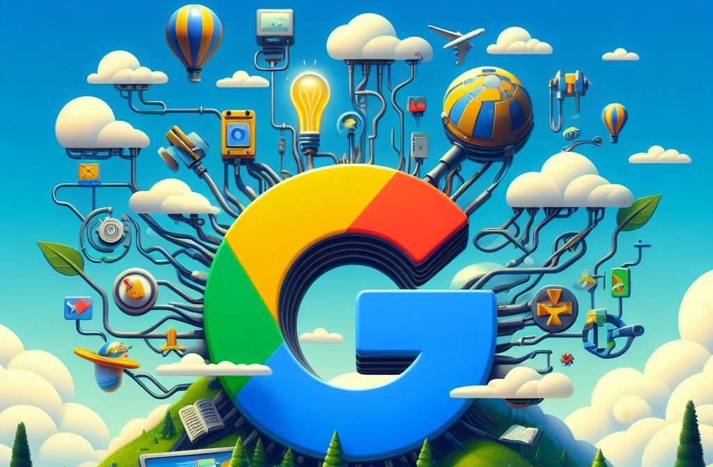 Dibujo conceptual de la G de google con ramificaciones de iconos de servicios