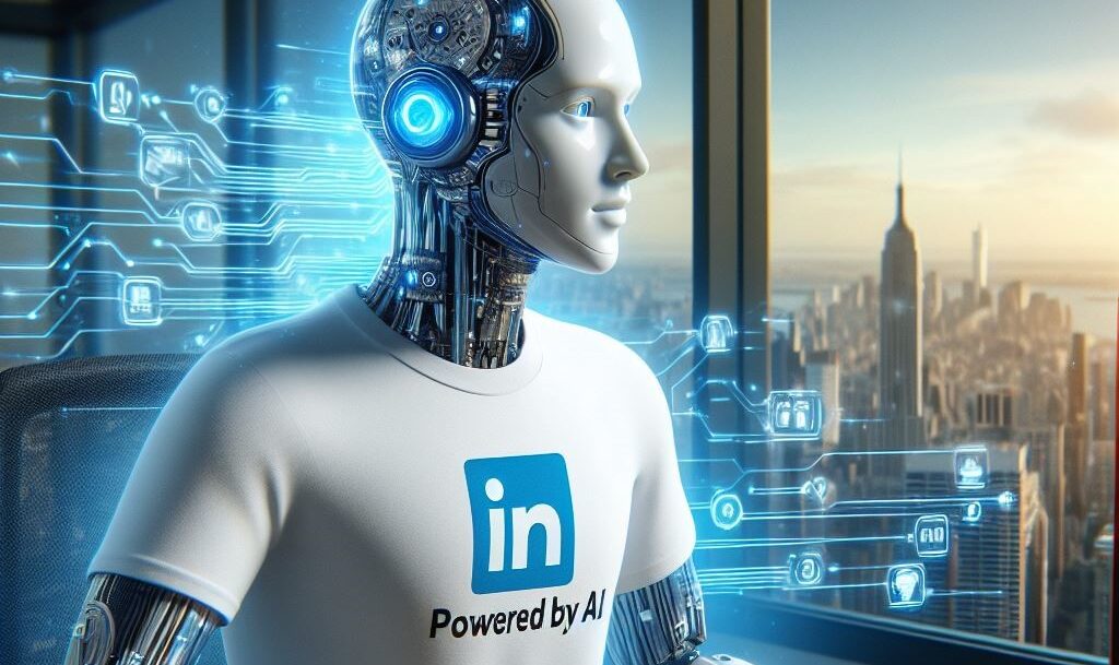 IA con camiseta de Linkedin usando ordenador