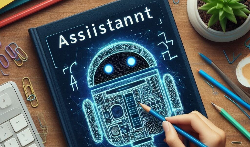 Dibujo mascota android con la palabra Assistant