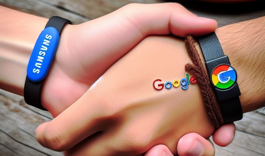 Manos estrechandose con pulseras de samsung y google