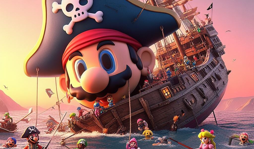 Imagen conceptual de un barco pirata de Mario Bros hundiéndose con personajes de Nintendo al rededor
