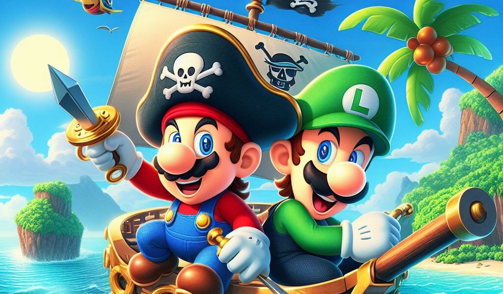 Mario Bros y Luigi vestidos de pirata en una barca