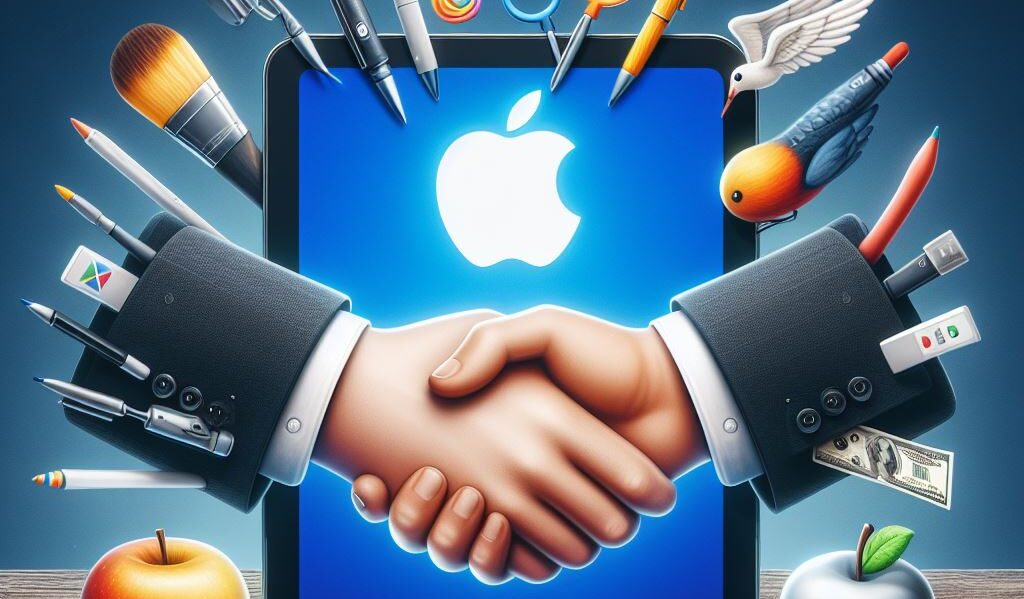 Samsung y apple personalizados estrechando sus manos como socios con una tablet en el medio,
