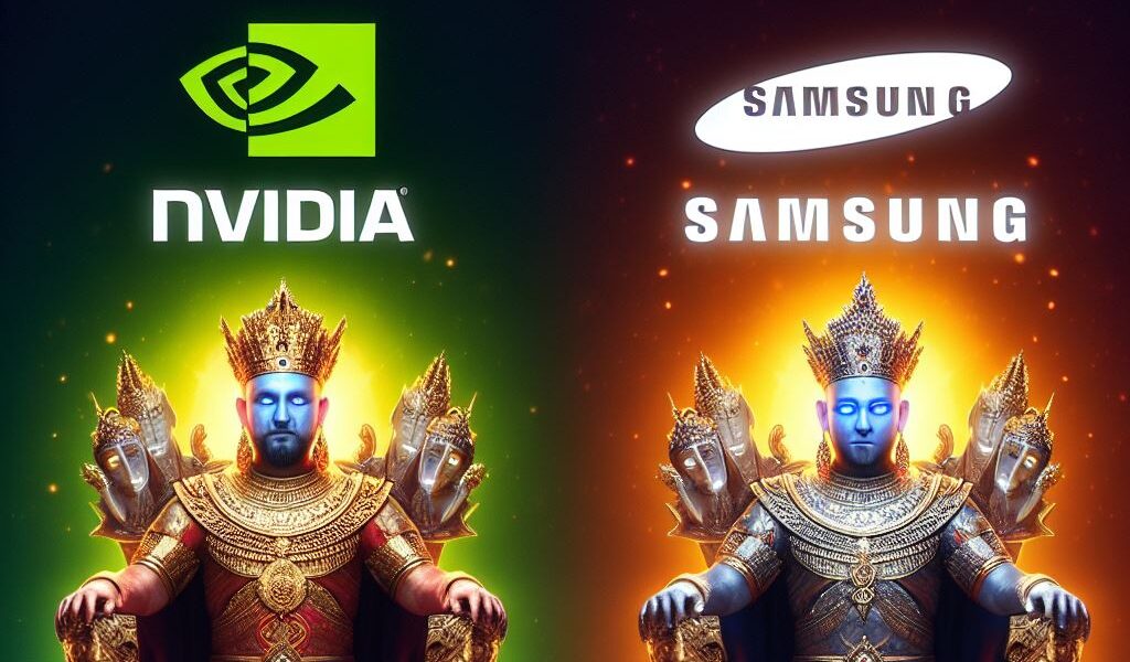 Imagen conceptual de dos IAs como reyes de las marcas nvidia y samsung