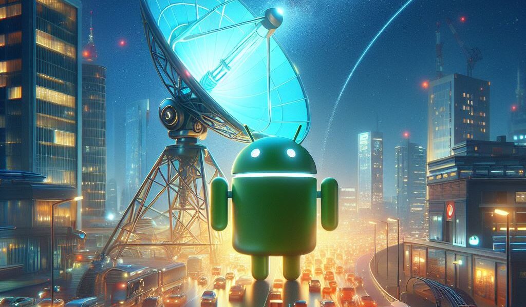Imagen decorativa, muñeco gigante Android caminando por la ciudad.