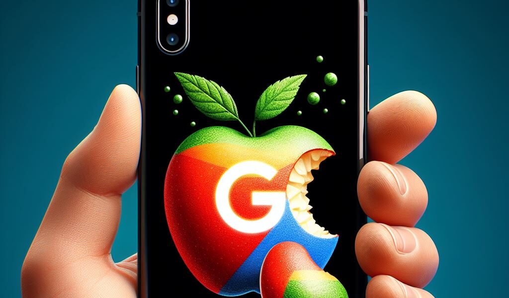 Iphone con el logo de google en forma de manzana mordida en la pantalla.