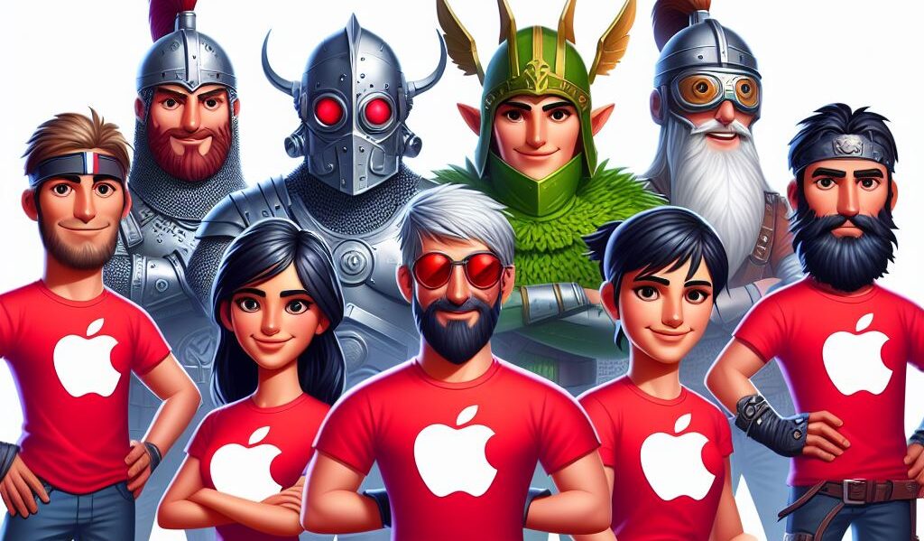Personajes de epic games con camisetas de apple