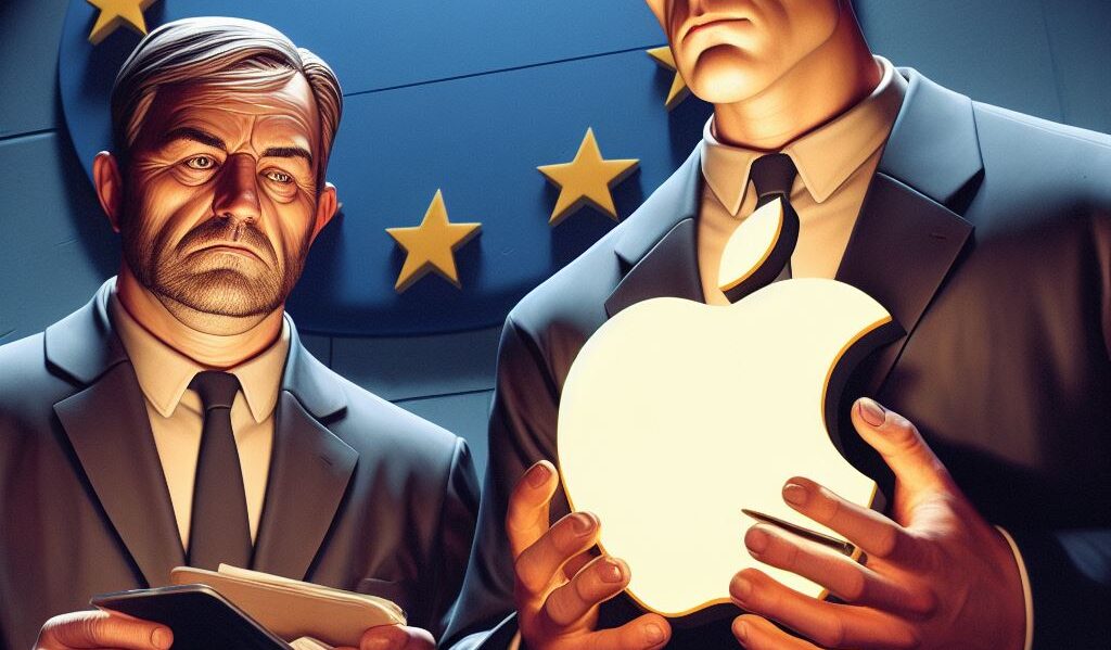 Personas de La comision europea cogiendo una manzana mordida, loogo de apple